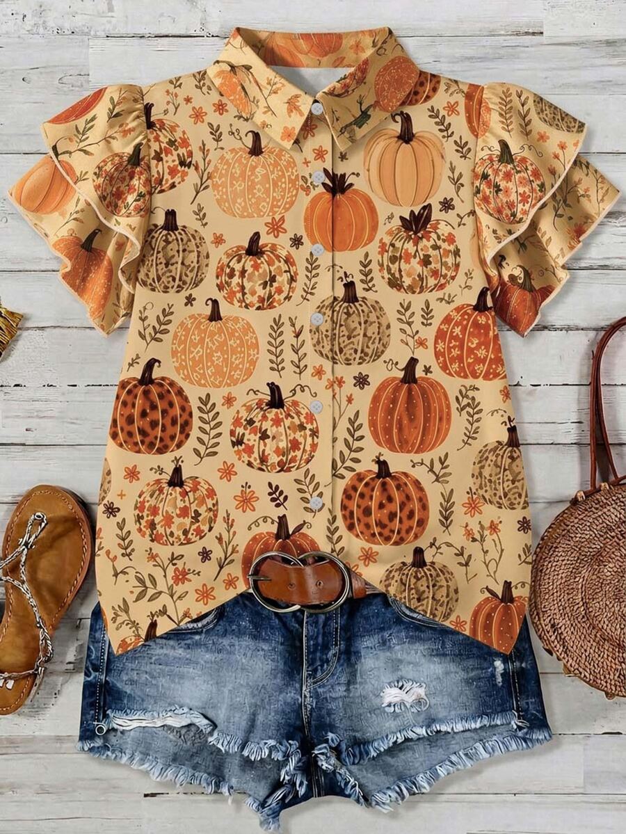 Mellowie Plus Size Women's Pumpkin Plant Pattern Ruffle Short Sleeve Single-Breasted Shirt - Multicolor - View 1