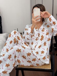 Napfluff Set Piyama Wanita Lengan Panjang dan Celana dengan Motif Permen Jahe Natal, Saku Kerah, Kancing Depan, dan Potongan Celana. - Putih - View 1