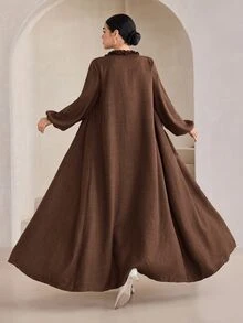 Graceveil Women's Arabic Abaya Elegant Casual Lantern Sleeve Ruffled Collar Front Opening Long Robe, Brown, Spring/Autumn Clothing - Brown - View 2