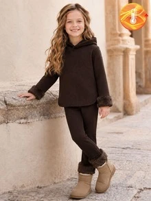 Elladie kids 女童深棕色連帽長袖上衣與鬆緊腰寬鬆軟針織長褲，毛絨袖口與褲腳裝飾，2件套，春/秋季 - 咖啡棕 - 查看 3