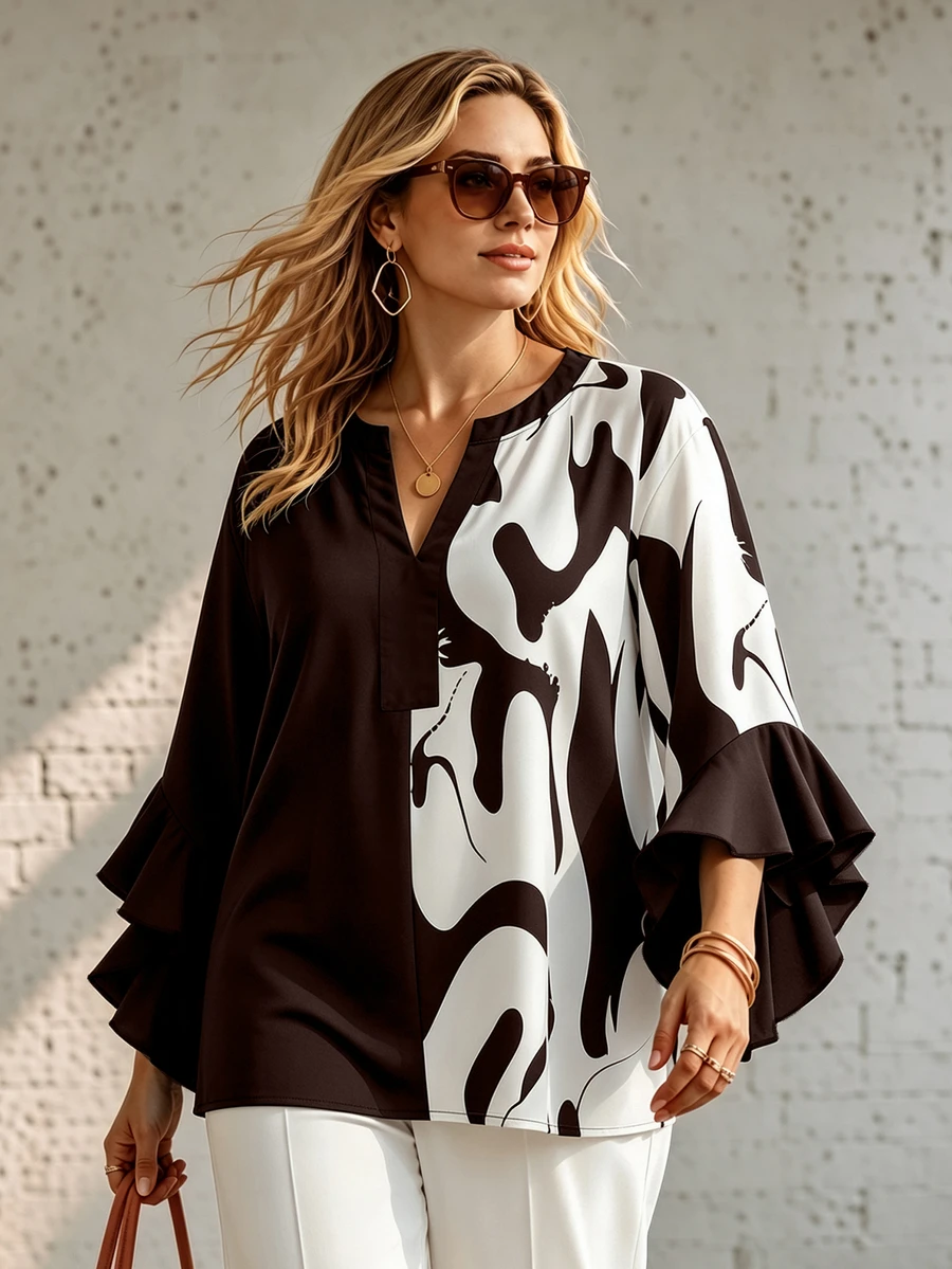 Ceyna Autumn Style Floral & Geometric Print Colorblock Patchwork Black Ruffle Trim 3/4 Sleeve V-Neck Plus Size Blouse - Coffee Brown - View 1