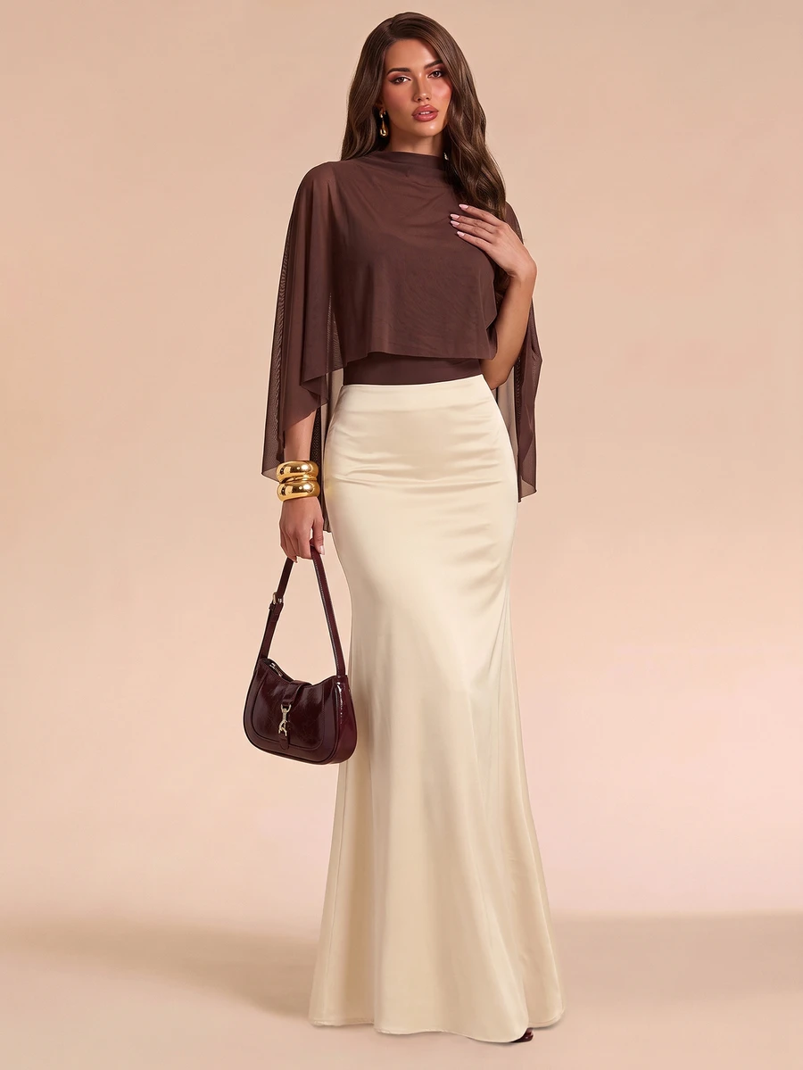 Bluhae Women's 2pcs Set Stacked Collar Batwing Sleeve Ruched Top & Solid Color Midi Skirt - Brown - View 1