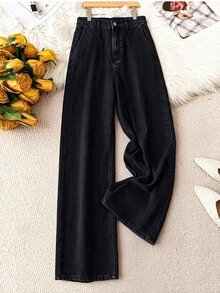 SHEIN Plus Size Black Washed Denim Wide Leg Long Pants, 1/2 Elastic Waist, Front Center Opening, Side Seam Pockets, Regular Back, Drapey Casual Versatile Floor-Length Pants - Black - View 1