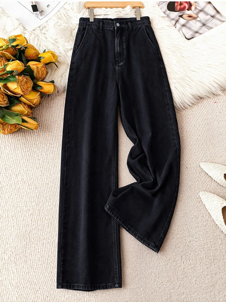 SHEIN Plus Size Black Washed Denim Wide Leg Long Pants, 1/2 Elastic Waist, Front Center Opening, Side Seam Pockets, Regular Back, Drapey Casual Versatile Floor-Length Pants - Black - View 1
