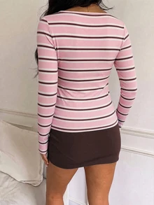 SHEIN EZwear 休閒極簡性感露肩奶油黃條紋長袖T恤，適合秋冬季節，秋冬服飾搭配，奶油黃條紋讓妳顯得更白皙 - 粉色 - 查看 2