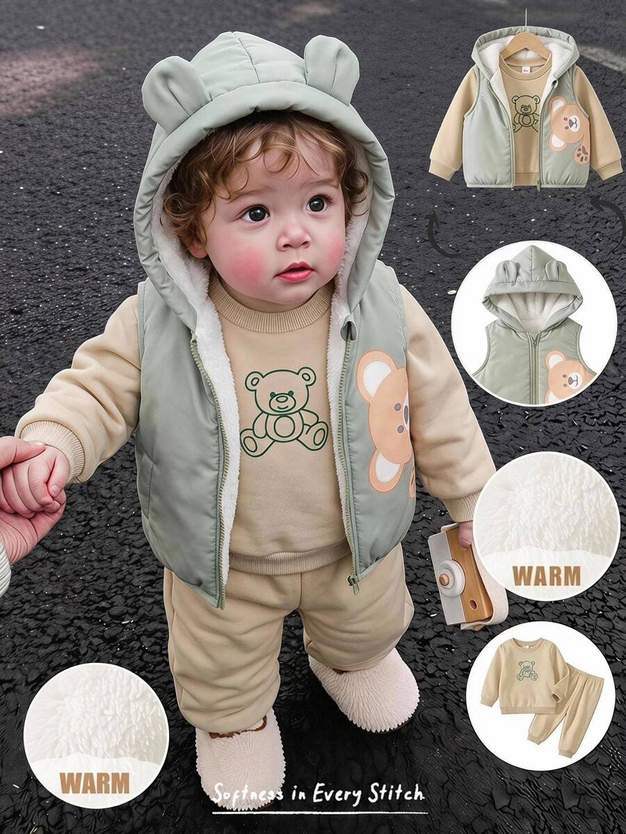 Cozy Pixies 男嬰外穿套裝 熊圖案針織柔軟圓領長袖套頭衛衣 束口長褲 無袖背心 3件套 - 彩色 - 查看 1
