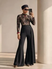 Structelle Women Lace Mock Neck Long Sleeve Jumpsuit High Waist Side Draped Flared Pants For Party Evening Elegant Fall Winter Outfit - Black - View 4