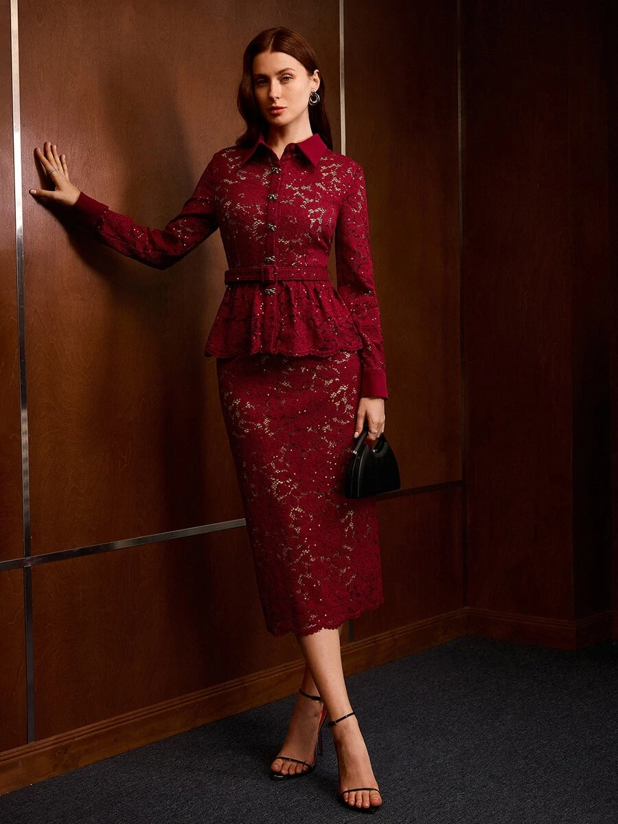 MOTF PREMIUM WOMEN'S ELEGANT BEADED HOLLOW EMBROIDERY WAIST BELT BUTTON RUFFLE LONG SLEEVE BLOUSE & SLIT BODYCON SKIRT TWO PIECES SET - Red - View 1
