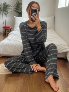 DAZY Women's Striped Crew Neck Drop Shoulder Long Sleeve Top And Pants Pajama Set - Grey - View 3