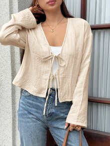 Serisse 女款素色長袖前綁帶休閒襯衫 - 杏色 - 查看 9
