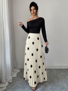 Elenzga Gaun Lengan Panjang Wanita Elegan dengan Bahu Asimetris dan Motif Polkadot Patchwork - Hitam dan Putih - View 4