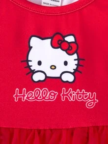 HELLO KITTY AND FRIENDS | SHEIN Gaun Bayi Perempuan Warna Polos Lengan Flutter Kerah Bulat Motif Kartun dengan Kelim Mesh - Merah - View 5