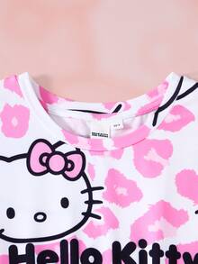 HELLO KITTY AND FRIENDS | SHEIN فستان كاجوال قصير الأكمام بطبعة نمر وحروف للفتيات المراهقات - وردي - مشاهدة 4