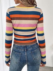 SHEIN LUNE Women's Striped Colorblock Ruched Long Sleeve T-Shirt, Suitable For Autumn/Winter - Multicolor - View 2