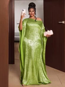 Maweii European Style Off-Shoulder Batwing Sleeve Metallic Luster Crinkled Satin Loose Long Dress Evening Gown - Green - View 2