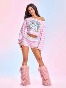 My Little Pony X SHEIN Women's Long Sleeve Cold Shoulder Striped Contrast Color Cartoon Print Top And Striped Shorts Two Pieces Set - White - View 5