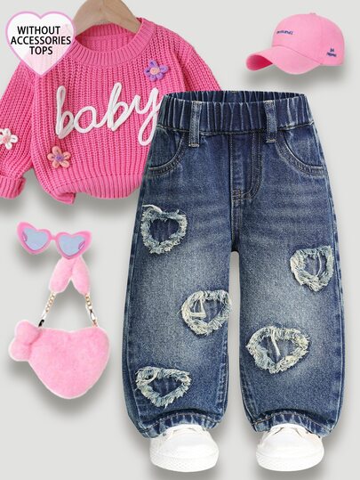 Baby Girl Fashion Heart Embroidered Patchwork Deep Blue Washed Straight Leg Versatile Denim Jeans For Daily Wear, Outings, Vacation Style, Thanksgiving, Christmas Or Back To School