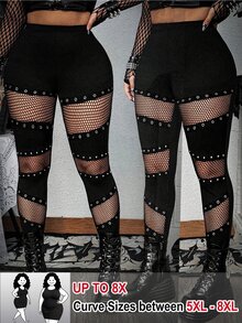 SHEIN CURVE+ Quần legging size lớn phong cách punk phối patchwork lưới đan rỗng khoét lỗ - màu đen - Xem 1