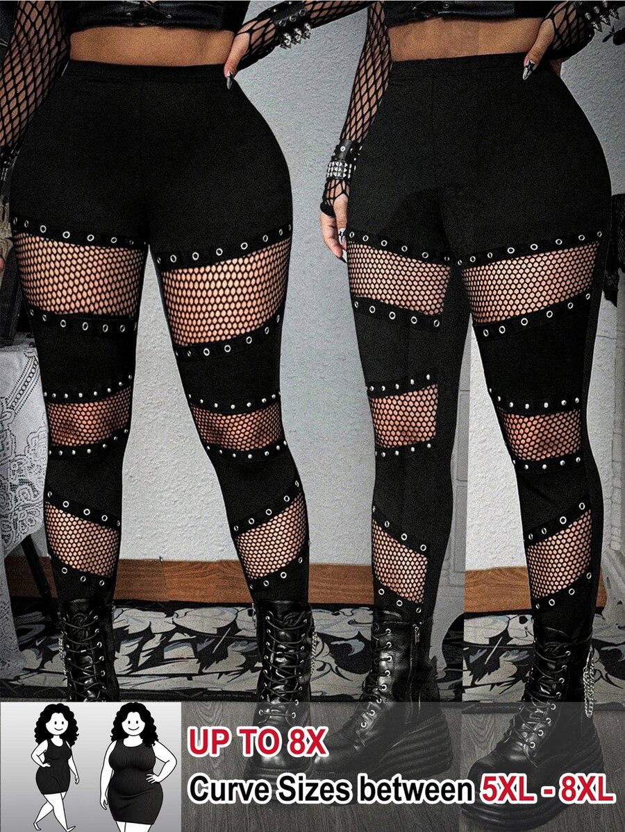 SHEIN CURVE+ Quần legging size lớn phong cách punk phối patchwork lưới đan rỗng khoét lỗ - màu đen - Xem 1