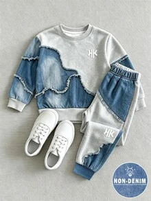 SHEIN 女童 2 件套休閒時尚春夏季秋季男孩圓領運動衫與運動長褲兩件套，酷炫幾何拼接圖案，彈性柔軟面料，春夏季秋季男孩套裝，休閒穿著，返校，派對，適合戶外野餐，街頭攝影，校園，假期，禮物用途 - 彩色 - 查看 1