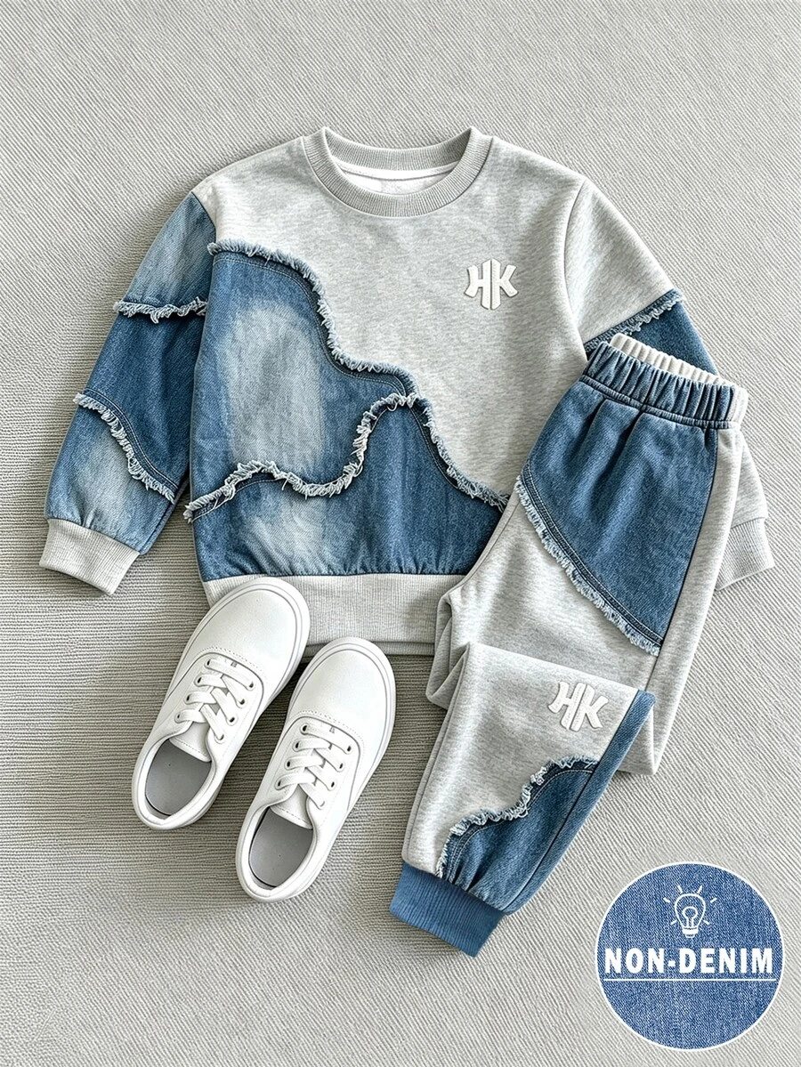 SHEIN 女童 2 件套休閒時尚春夏季秋季男孩圓領運動衫與運動長褲兩件套,酷炫幾何拼接圖案,彈性柔軟面料,春夏季秋季男孩套裝,休閒穿著,返校,派對,適合戶外野餐,街頭攝影,校園,假期,禮物用途 - 彩色 - 查看 1