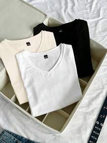 SHEIN EZwear 3件組女款夏季V領修身T恤，龐克次文化動漫純色基本款V領短袖修身T恤 - 彩色 - 查看 7