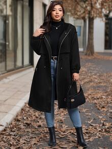 Reflora Women Plus Size Autumn/Winter Loose Waist Drawstring Mid-Length Jacket - Black - View 4