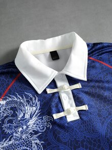 ROMWE MEN Chinese Style Blue And White Porcelain Dragon Digital Print Long Sleeve Polo Shirt T-Shirt, New Chinese Style Stand Collar Frog Button Contrast Color Raglan Loose Fit Unisex Retro Brand Top - Blue - View 2