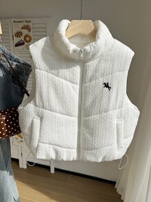 Comfortcana Plus Size Women's Casual Knitted Textured Padded Vest - Beige - View 5