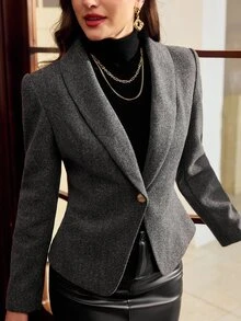 Vintamour Blazer Kasual Wanita Warna Polos Kerah Syal Lengan Panjang Kancing Tunggal - Dark Grey - View 1