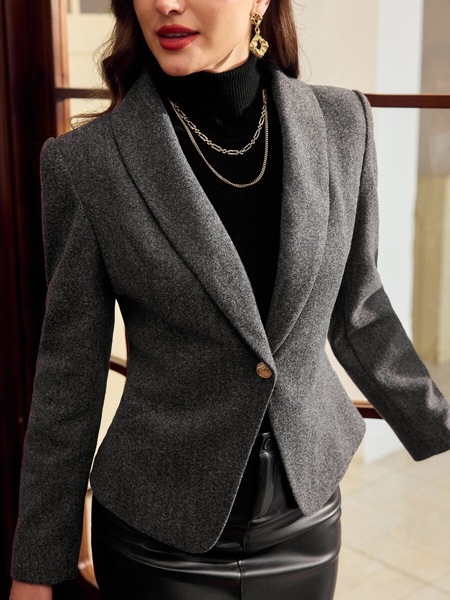 Vintamour Blazer Kasual Wanita Warna Polos Kerah Syal Lengan Panjang Kancing Tunggal - Dark Grey - View 1