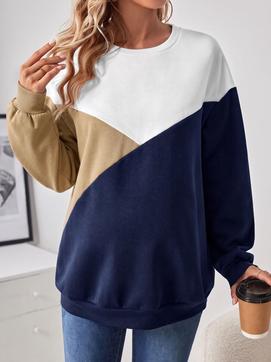 SHEIN Maternity Colorblock Casual Daily Long Sleeve Top - Navy Blue - View 1