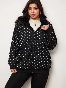 Enliva Plus Size Women's Polka Dot Hooded Jacket With Faux Fur Trim Zip Up Long Sleeve Outerwear For Fall Winter - Black - View 5