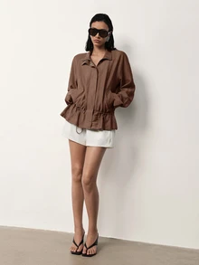 MERLEAU Women's Streetwear Button Zip Drawstring Long Sleeve Jacket - Brown - View 8