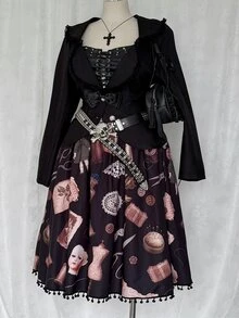 Sunspun Plus Size Fashion Dark Doll Print Tassel Decor Skirt Fall - Black - View 1