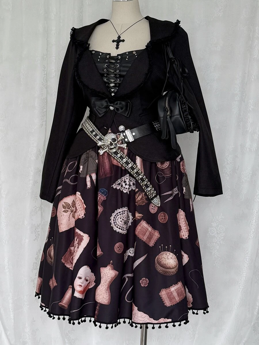 Sunspun Plus Size Fashion Dark Doll Print Tassel Decor Skirt Fall - Black - View 1