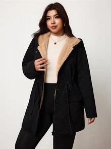 Enliva Plus Size Women's Hooded Padded Coat Drawstring Waist Flap Pocket Warm Outerwear Flattering Compatible With Apple Shape Rounded Body - Black - View 5