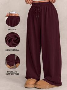 CovetEZ Plus Size Women Solid Color Drawstring Waist Casual Versatile Daily Wear Sweatpants - Burgundy - View 1