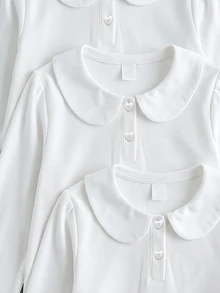 Young Girls White 3pcs Long Sleeve Polo Shirts, Peter Pan Collar Exquisite Heart Button, Long Sleeve T-Shirts, Basic Solid Color Fitted T-Shirts, Suitable For Back To School Season - White - View 3