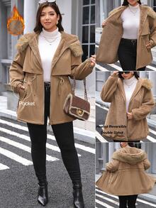 Comfylo Plus Size Women's Fur Collar Zipper Pocket Design Winter Jacket - Brown - View 9
