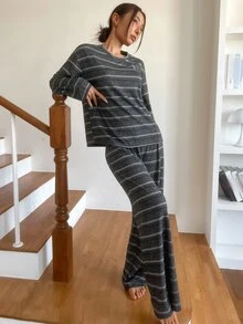 DAZY Women's Striped Crew Neck Drop Shoulder Long Sleeve Top And Pants Pajama Set - Grey - View 4