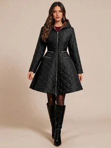 Amorya Women's Long Sleeve Zipper Front Thermal Lined Hooded Winter Jacket - Black - View 6