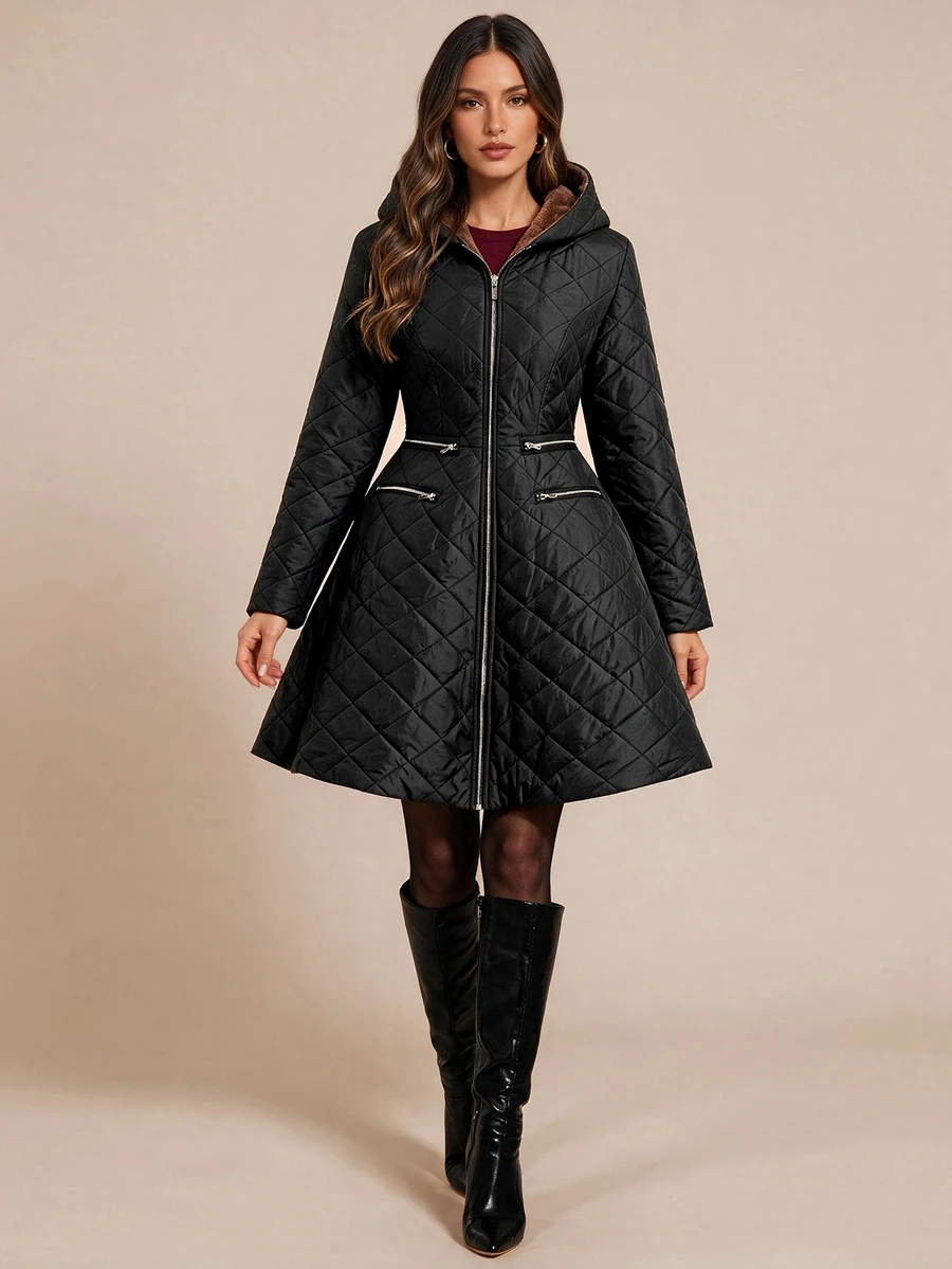 Amorya Women's Long Sleeve Zipper Front Thermal Lined Hooded Winter Jacket - Black - View 1