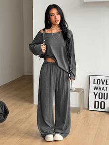 Coolane Women's Fall Winter Minimalist Streetwear Basic Daily Wear Going Out Sport Cold Shoulder T-Shirt And Wide Leg Sweatpants Cotton Grey 2 Pack - Dark Grey - View 4