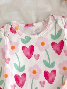 新生女嬰可愛卡通花卉圖案長袖家居服套裝 秋季出院家庭穿著 白色與紅色配色 - 彩色 - 查看 4