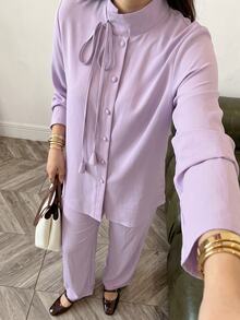 Veilorie Women's Solid Color Front Tie Long Sleeve Single-Breasted Top And Pants Arabic Costume Set - Purple - View 2
