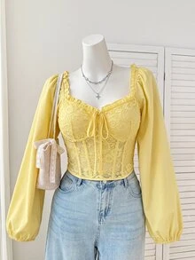 Comfortcana 淡黃色法式燈籠袖蕾絲拼接方領墊胸浪漫純欲風大尺碼女款上衣，適合約會與派對，秋季穿搭 - 鵝黃色 - 查看 5