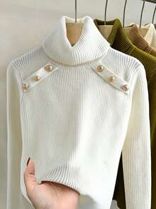 GlowEve CURVE Plus Size Women's Solid Color Elegant High Neck Long Sleeve Double Row Decorative Button Knit Sweater Pullover - Beige - View 1