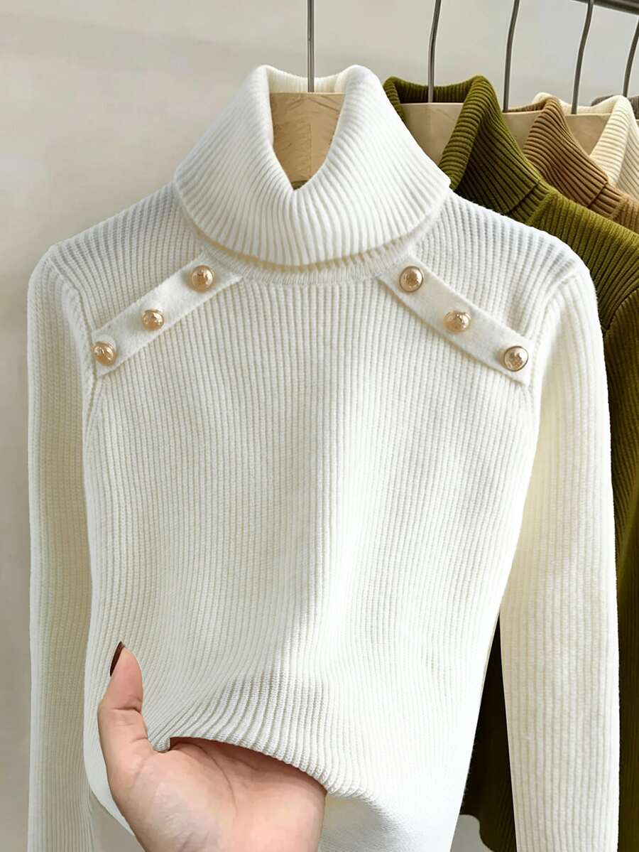 GlowEve CURVE Plus Size Women's Solid Color Elegant High Neck Long Sleeve Double Row Decorative Button Knit Sweater Pullover - Beige - View 1