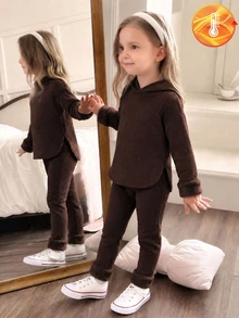 Elladie kids 女童深棕色連帽長袖上衣與鬆緊腰寬鬆軟針織長褲，毛絨袖口與褲腳裝飾，2件套，春/秋季 - 咖啡棕 - 查看 1
